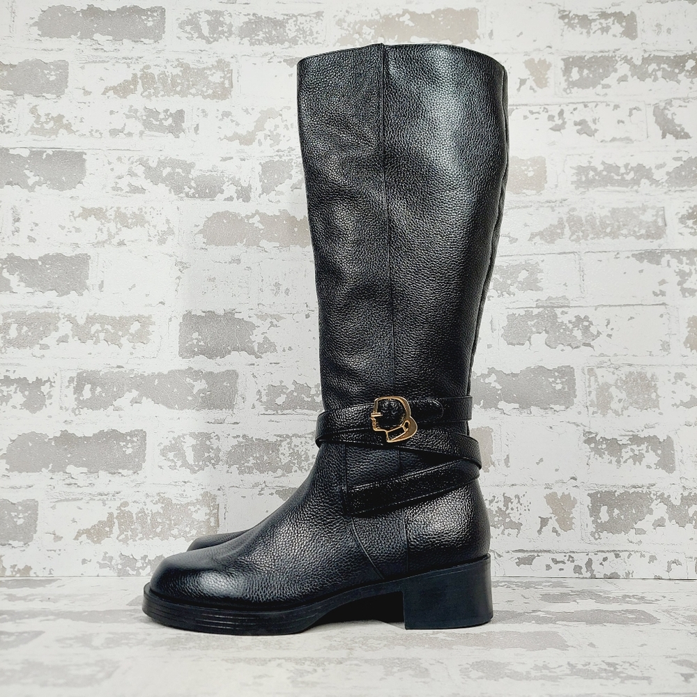 New Karl Lagerfeld Claremont Knee High Buckle Black Leather Riding Boots M329